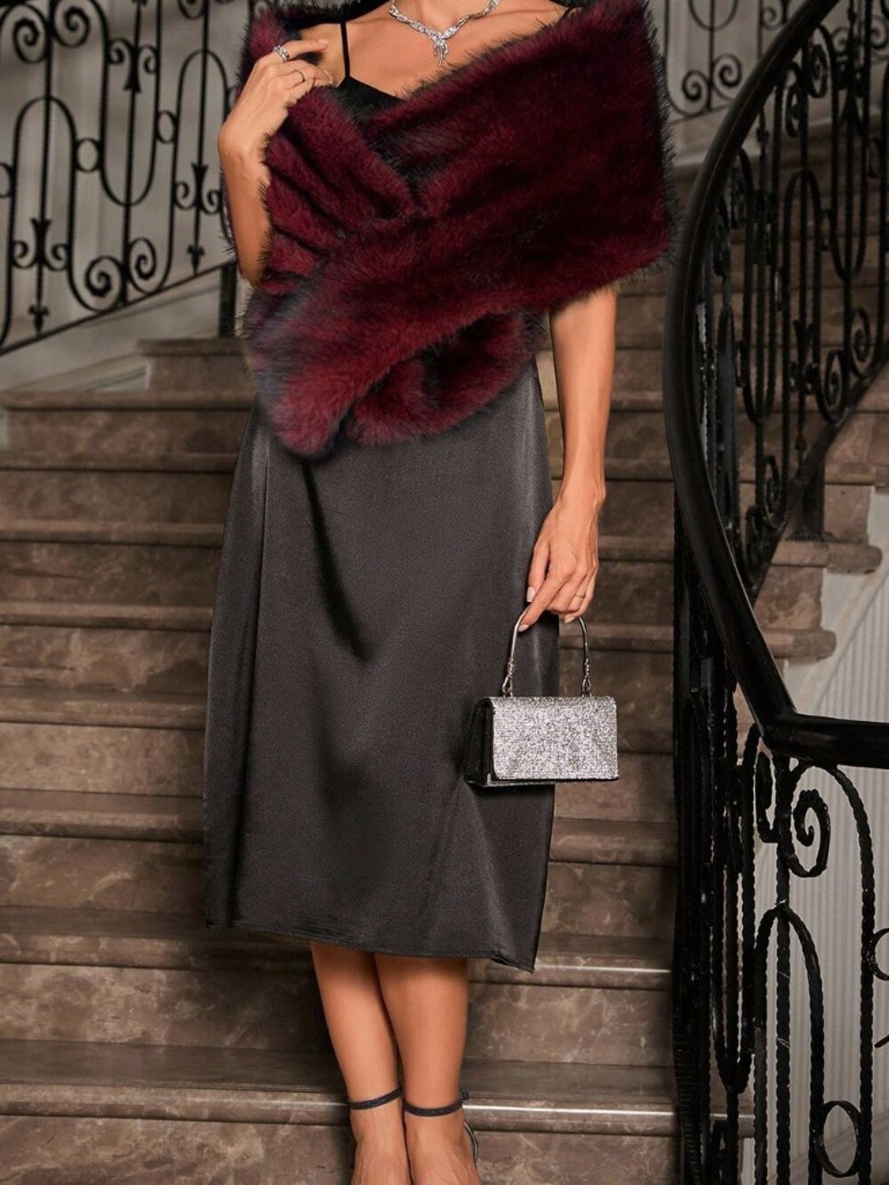 Burgundy Casual Women's Sexy Faux Fur Cape - Picture 4 of 6